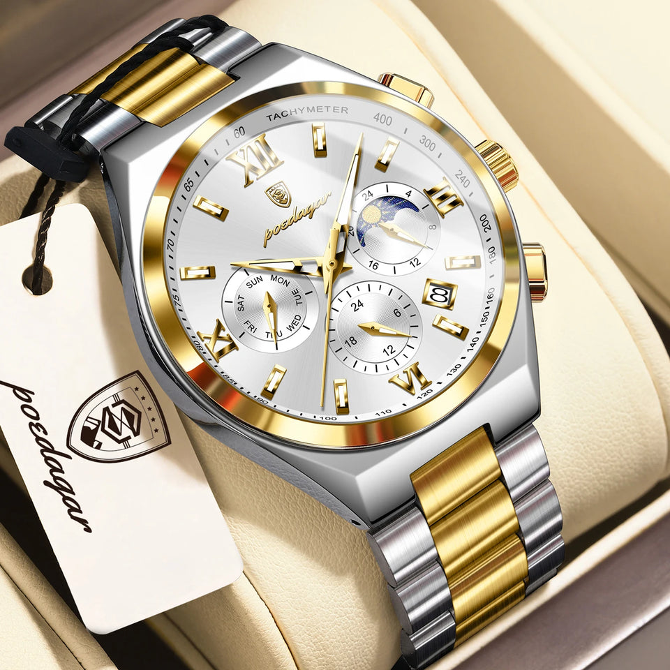 POEDAGAR Fashion Functional Man Wristwatch Luminous Week Date Business Watch For Men Stainless Steel Sports Men's Quartz Watches