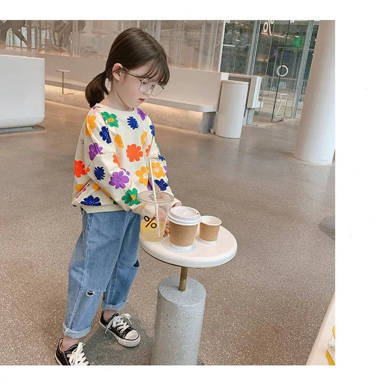 Spring Autumn Baby and Girls Sweet All-Over Flowers Sweatshirt School Kids Outfit Pullover Tops Child Workout Jumper 1-12 Years