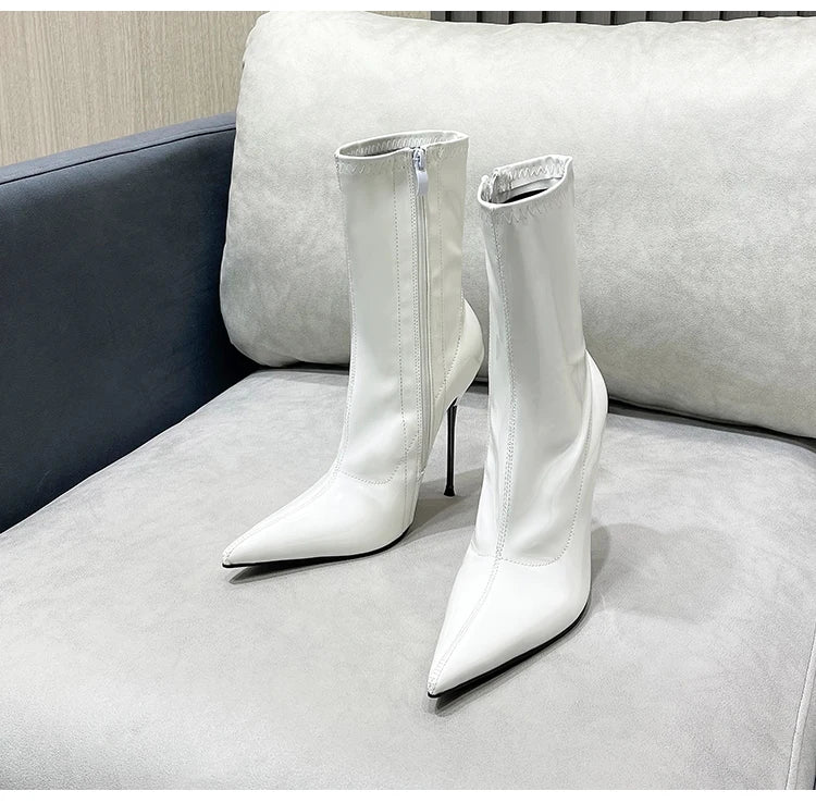 Knee-High Modern Boots Pointy Toe Women Shoes 13cm Ultra Thin Steel High Heels Metal Heel Calf Boots for Women Fun Shoes Size 46