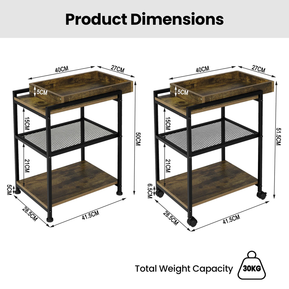 WOLTU 1PC Side Table 3-Tier Coffee Table Rolling Storage Cart with Removable Top Small End Table for Sofa Living Room Storage