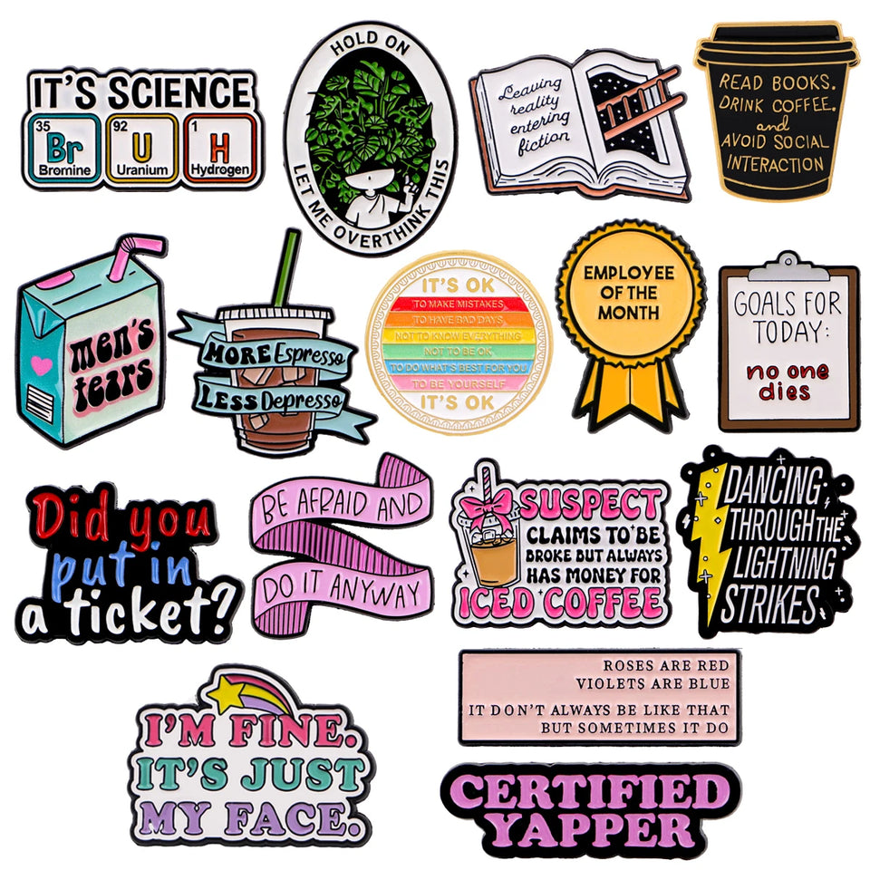 Book Enamel Pin Coffee Brooches for Lapel Pins Quote Phrase Words Badge on Backpack Clothing Accessories Fashion Jewelry Gifts