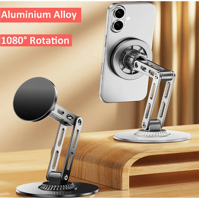 Magnetic Metal Phone Stand for Desk, 360° Rotating & 3-Axis Adjustable Height Hands-Free Live Streaming & Bedside Tablet Holder
