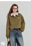 TOYOUTH Women Sweatshirt 2025 Autumn New Green Velvet Embroidery Contrasting Color Splicing Double Layer Collar Pullover Hoodies