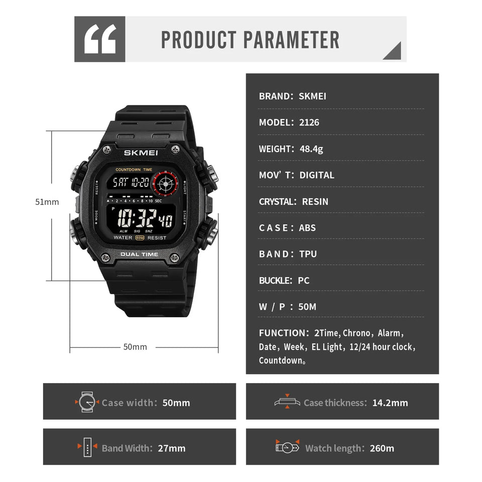 SKMEI 2126 Digital Countdown Sports Watches for Men LED Display Waterproof Stopwatch Mens Wristwatch Alarm Clock montre homme