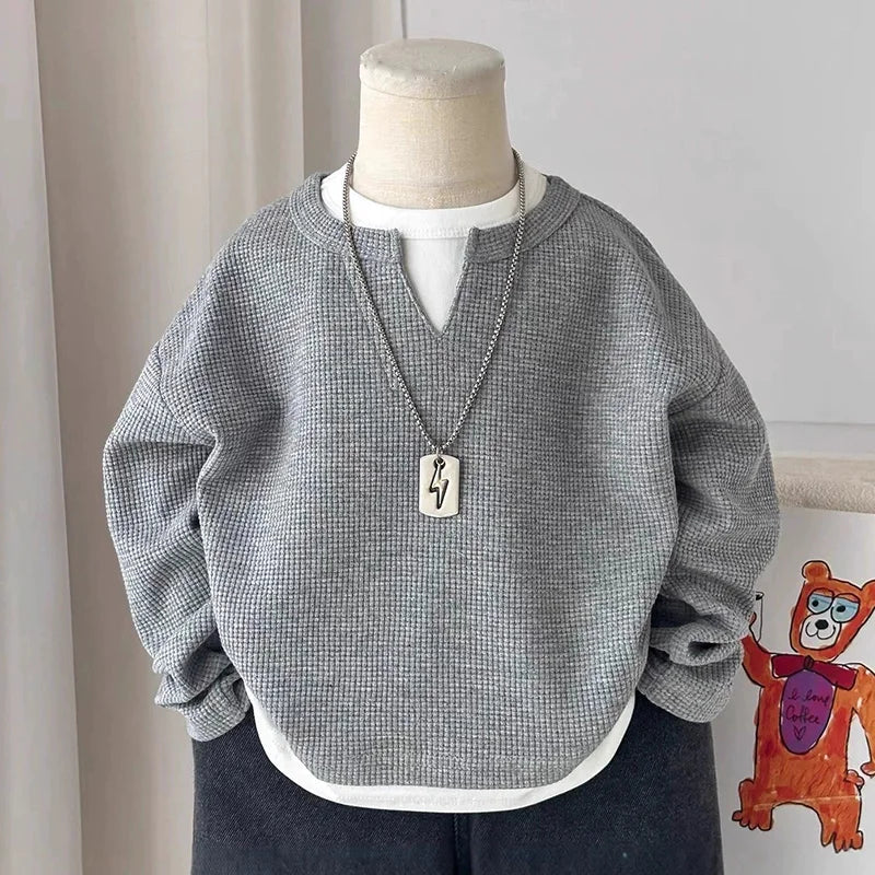Boys' Casual Loose Cotton Long Sleeve Sweatshirt Grid Pullover Shirt 6-14 Years Spring Autumn Fashion Fake 2 Piece Top for Kids