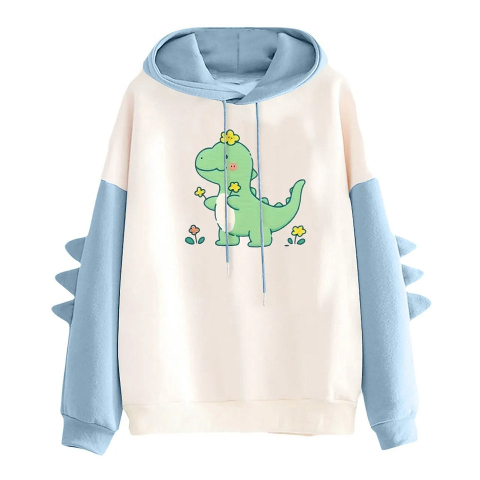 Winter Cute Dinosaur Cartoon Hoodie Women Fashion Sweatshirt Casual Print Long Sleeve Korean Style Splice Tops Kawaii Clothes