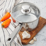 Oven Safe Stainless Steel Saucepan with Straining Lid 1qt Dishwasher Safe Induction Compatible Heat Resistant Glass Lid Durable