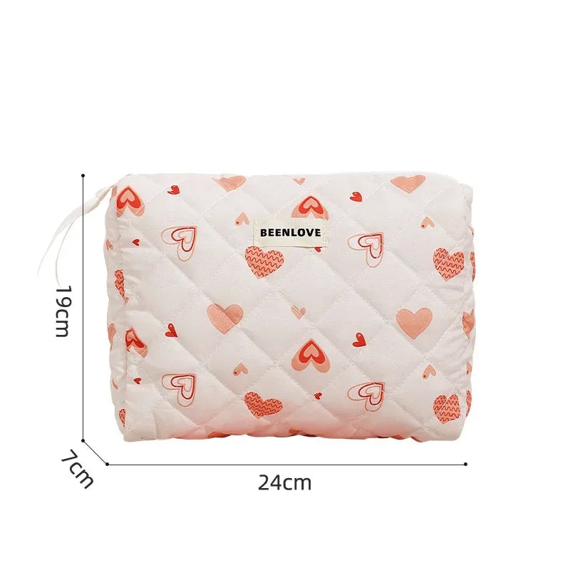 Storage Organizer Cherry Printing Makeup Bag Quilted Cosmetic Pouch Large Travel Cosmetic Bag Cute Cotton Makeup Pouch