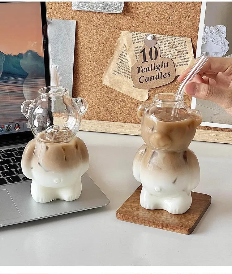 Restaurant Bear Shape Glass Cups, Cute Cartoon Animal Transparent Juice Cups for Children,Office Coffee Mugs Party Water Jar
