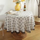 Cotton Linen Nodic Pastoral Black Peonies Black Tassel 150cm Round Tablecloth for Coffee Tables Table Cover Round Table Cloth