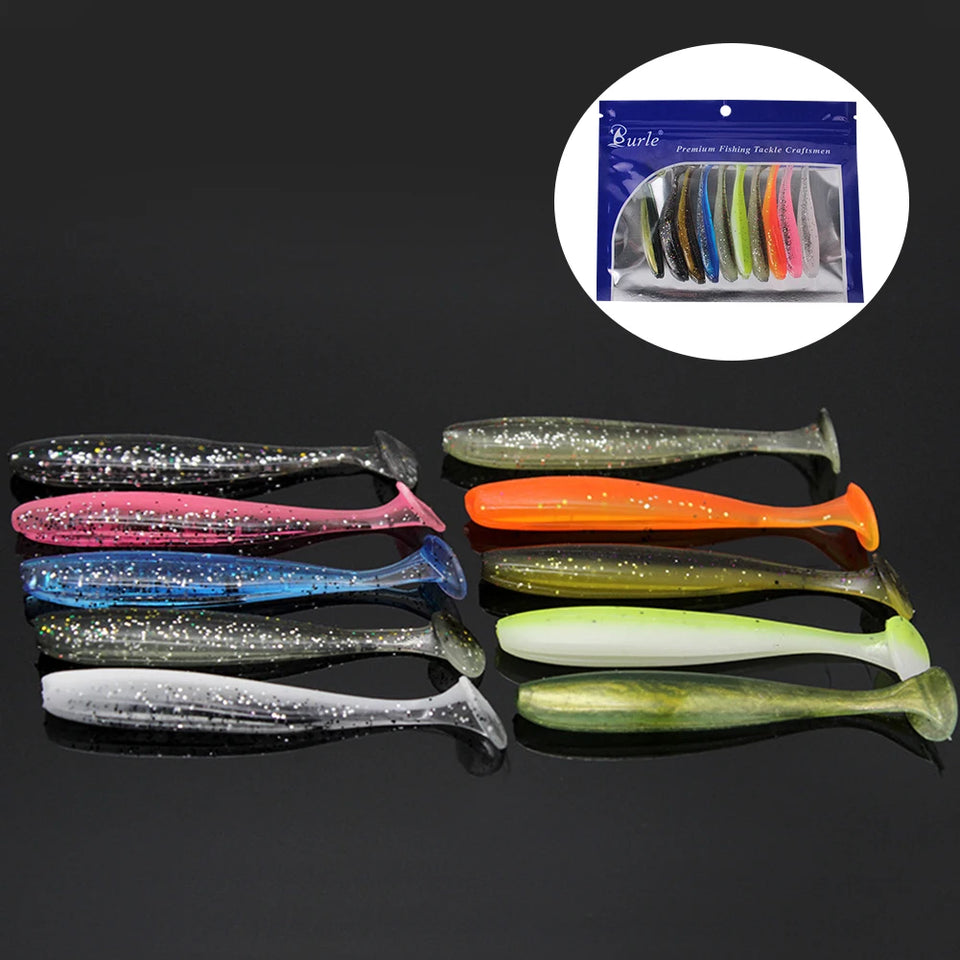 10Pcs 9cm T Tail Worm Soft Bait Plastic Fishing Soft Lure Paddle Tail Swim Baits for Bass Trout Freshwater Saltwater