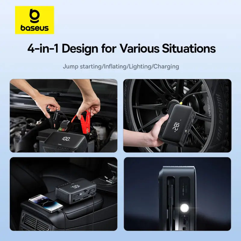 Baseus 4 In 1 Car Jump Starter with LED Lighting 600A Portable Car Battery Charger Power Bank Tire Inflator Pump Air Compressor