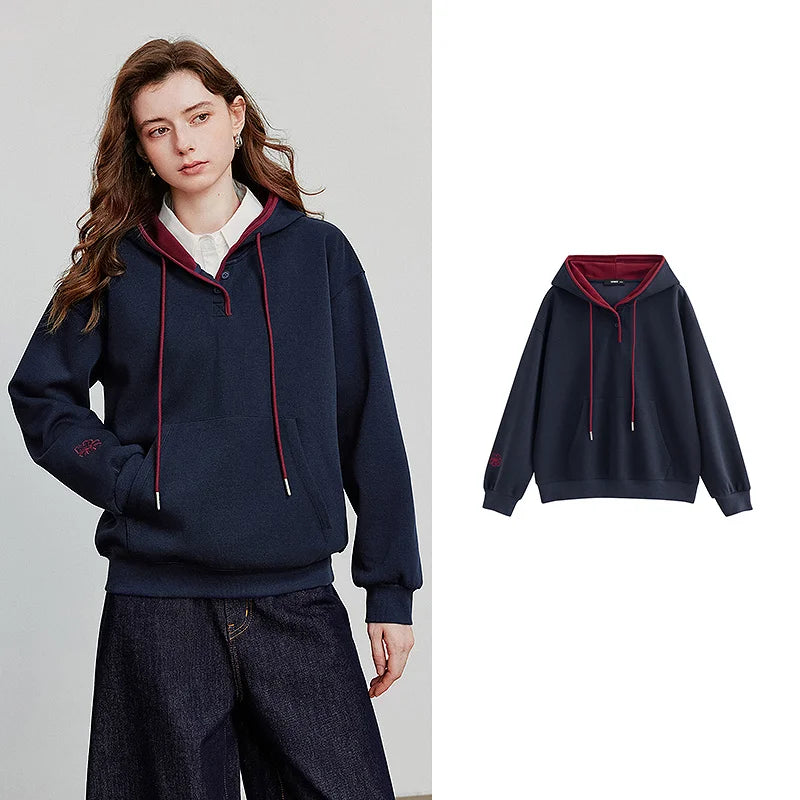 TOYOUTH Women Hoodies Sweatshirt 2025 Autumn New Contrasting Color Embroidery Splicing Hooded Pullover Tops