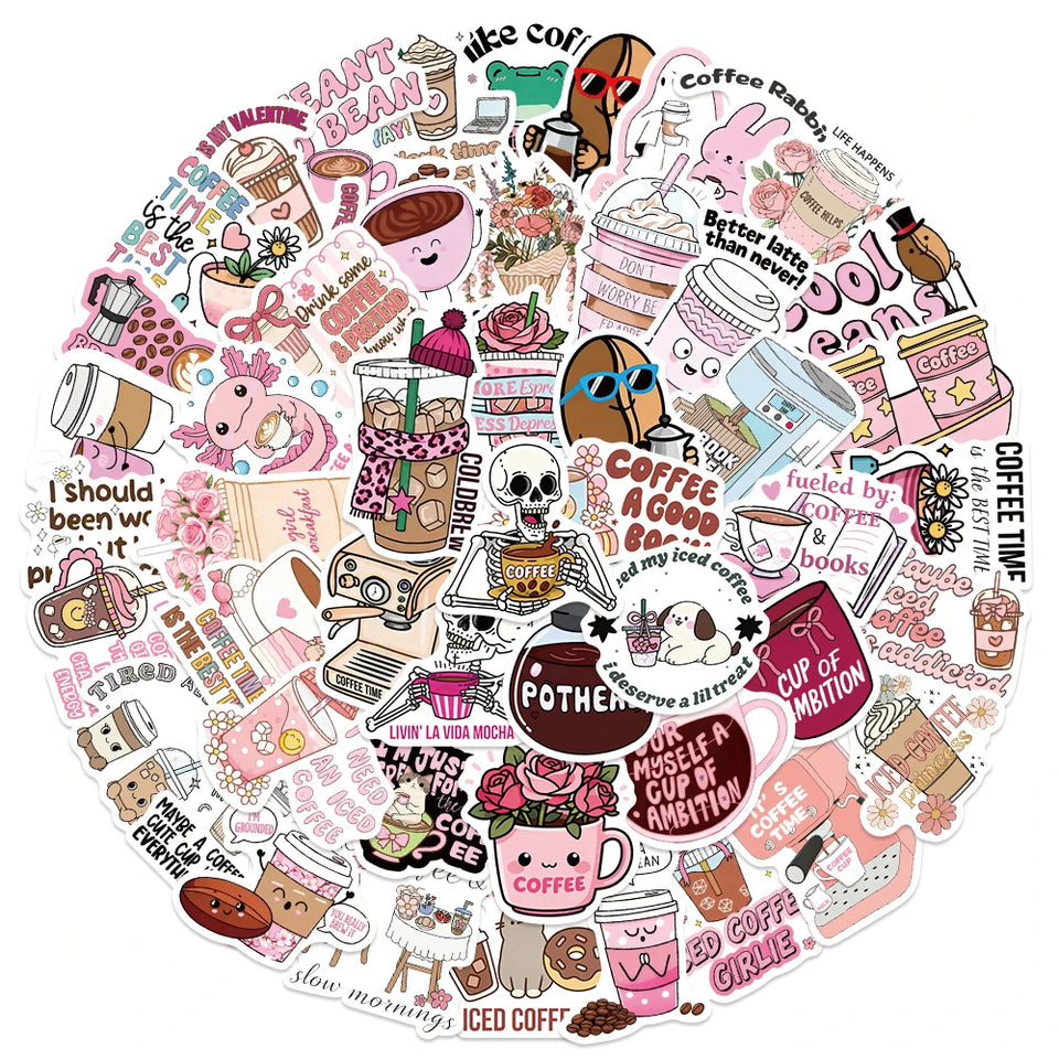 50pcs Funny Coffee Stickers Cute Cartoon Animals Decal DIY Handbook Laptop Phone Suitcase Stationery Stickers For Teens Gift