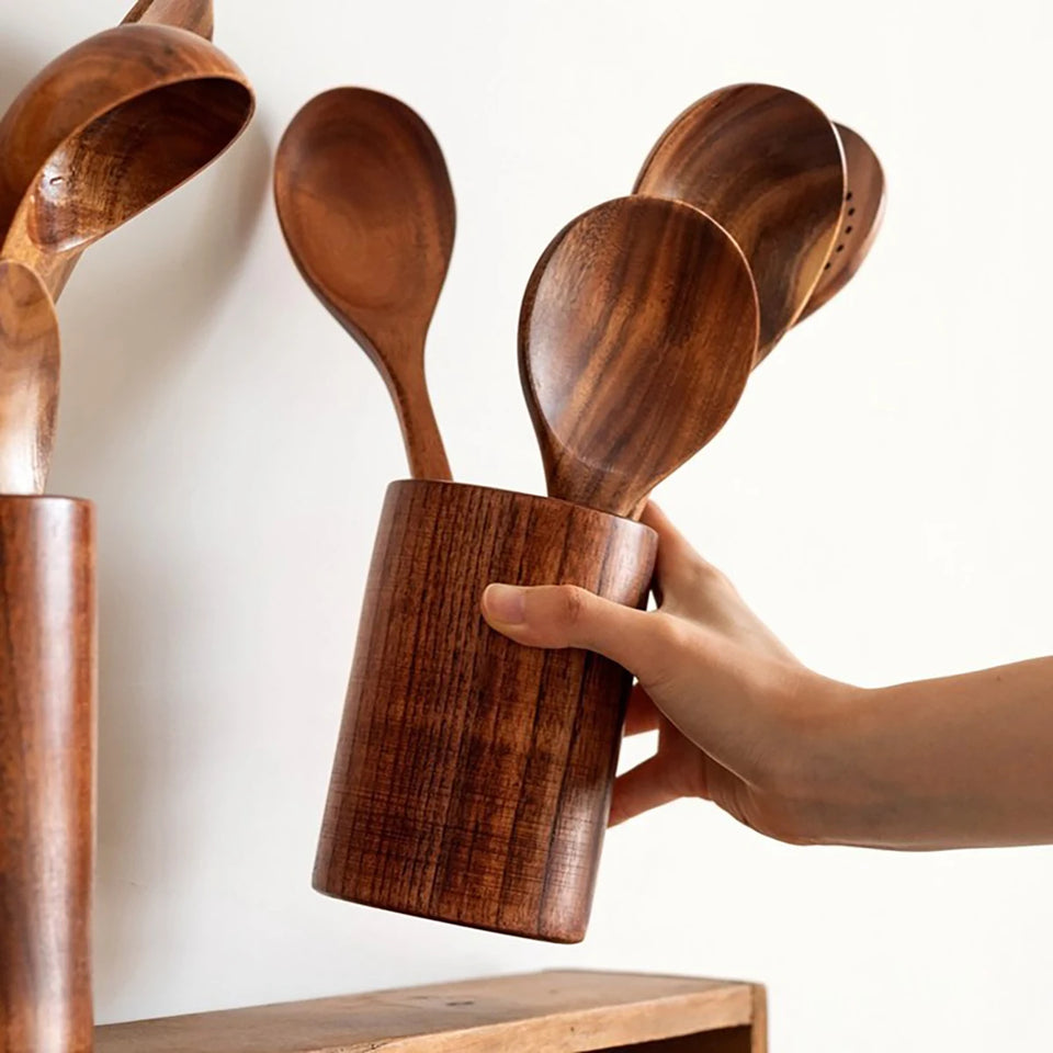 Wood Kitchenware Cooking Set Household Spatula Spoon Set Salad Spoon Fork Stirring Spoon Kitchen Baking Set With storage bucket