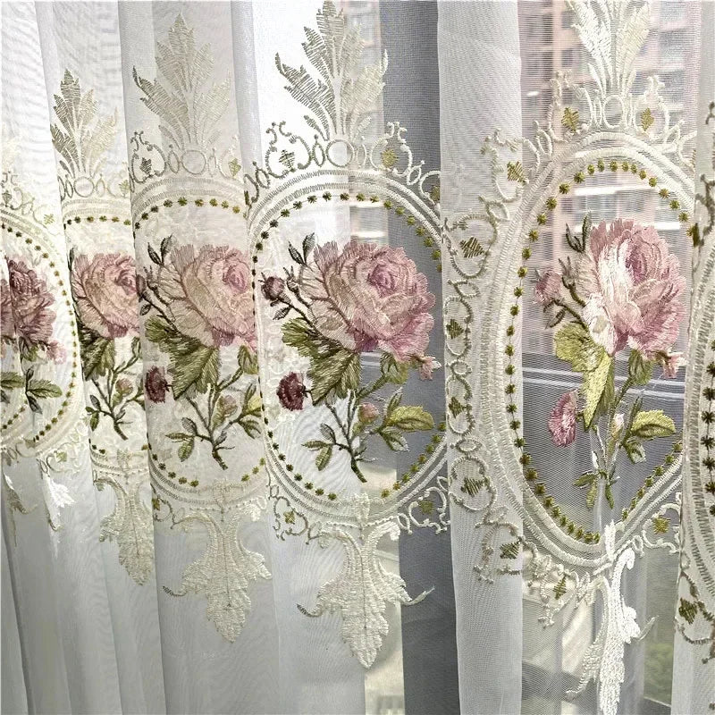 New Arrivals Peony Embroidery Tulle Curtain for Living Room European Elegant Flower Embroidery Sheer Voile Drapes for Bedroom