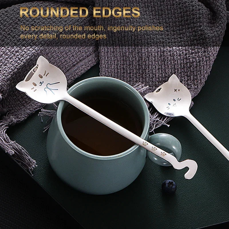 Funny Cat Spoons Cute Cartoon Meow Teaspoons for Coffee Dessert Cake Long Tail Spoon Birthday Gift Kitchen Tableware Accessories