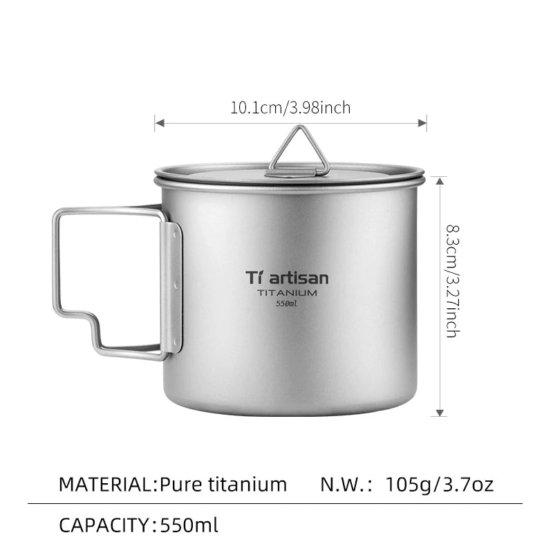 Tiartisan 350ml 750ml Tatinium Cup Hiking Tableware Fodable Handle Coffee Cups with lids Lightweight Frosted Cup Mugs