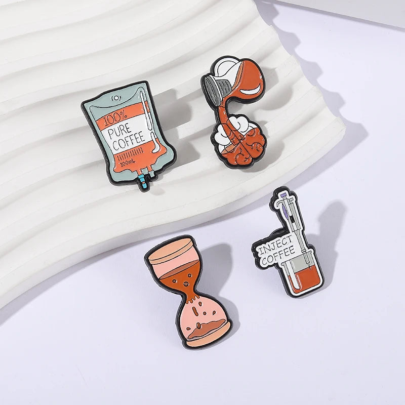 100% Pure Coffee Iv Bag For Medical Enamel Pins Creative Coffee Filling Brain Inject Coffee Brooch Clothes Lapel Badge Jewelry