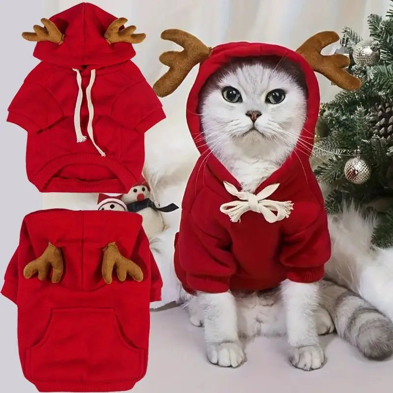 Dog Red Christmas Elk Costumes Winter Pets Hoodie Warm Sweatshirts with Pockets for Small Medium Dogs Puppy Cats Party Clothes