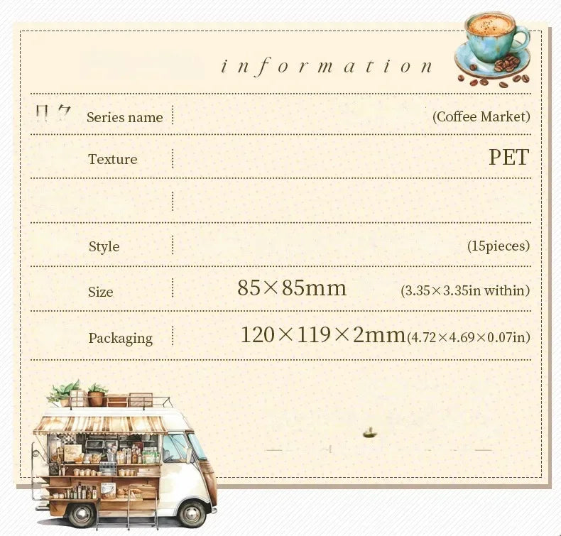 Coffee Bazaar Series Sticker Pack 6 Coffee Shop Diorama Themes 15Pcs Journal Decor for Cafe Lovers
