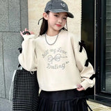 Girls' 2025 New Spring/Autumn Long Sleeve Bowknot Loose Fit Stylish Korean Style Mid-Big Kids Sweatshirt
