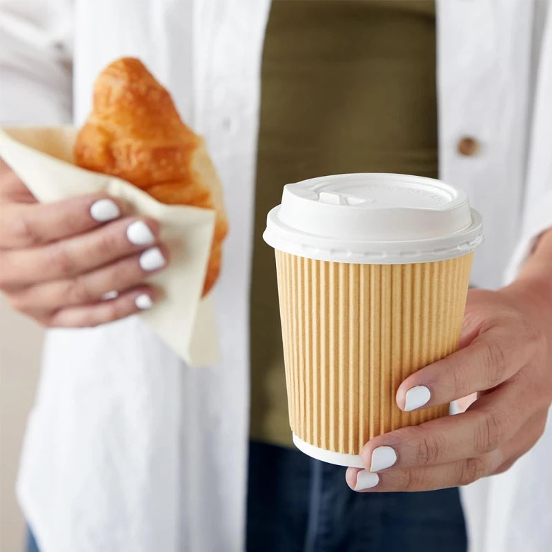 30pack Yellow Ripple Coffee Paper Cups 8oz Disposable Coffee Cups With Lids for Cold/Hot Beverages Travel Office Paper Cups