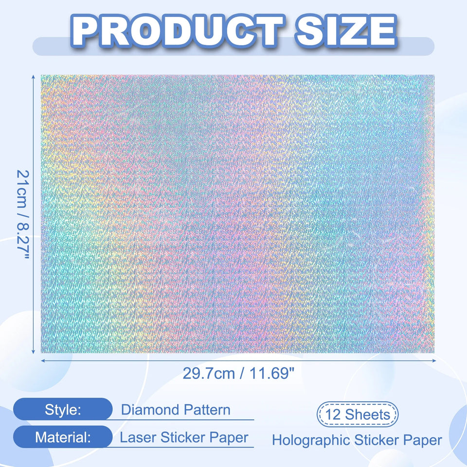 12Sheets Printable Holographic Sticker Paper Vinyl Sticker Paper A4 Waterproof Quickly Stickers for Laser Printer Inkjet Printer