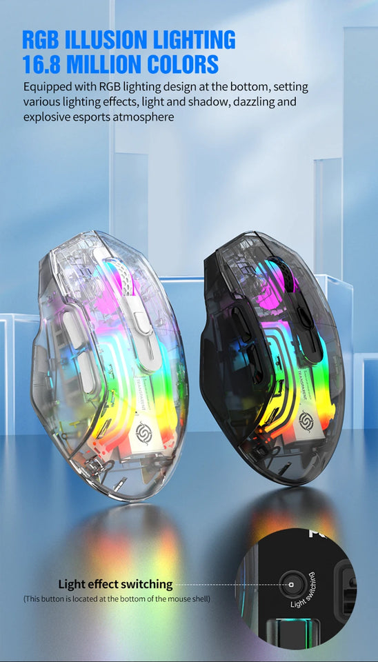Aesthetic Clear Wireless Mouse for Women RGB Glow Tri-Mode Bluetooth Rechargeable Gaming Mouse for Laptop PC Office