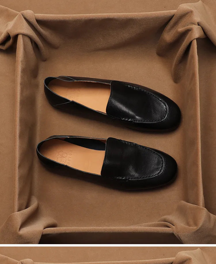 SHOEBOX Retro flat woman loafers new fashion style for spring and autumn 2025, shallow-mouth round-toe genuine leather shoes