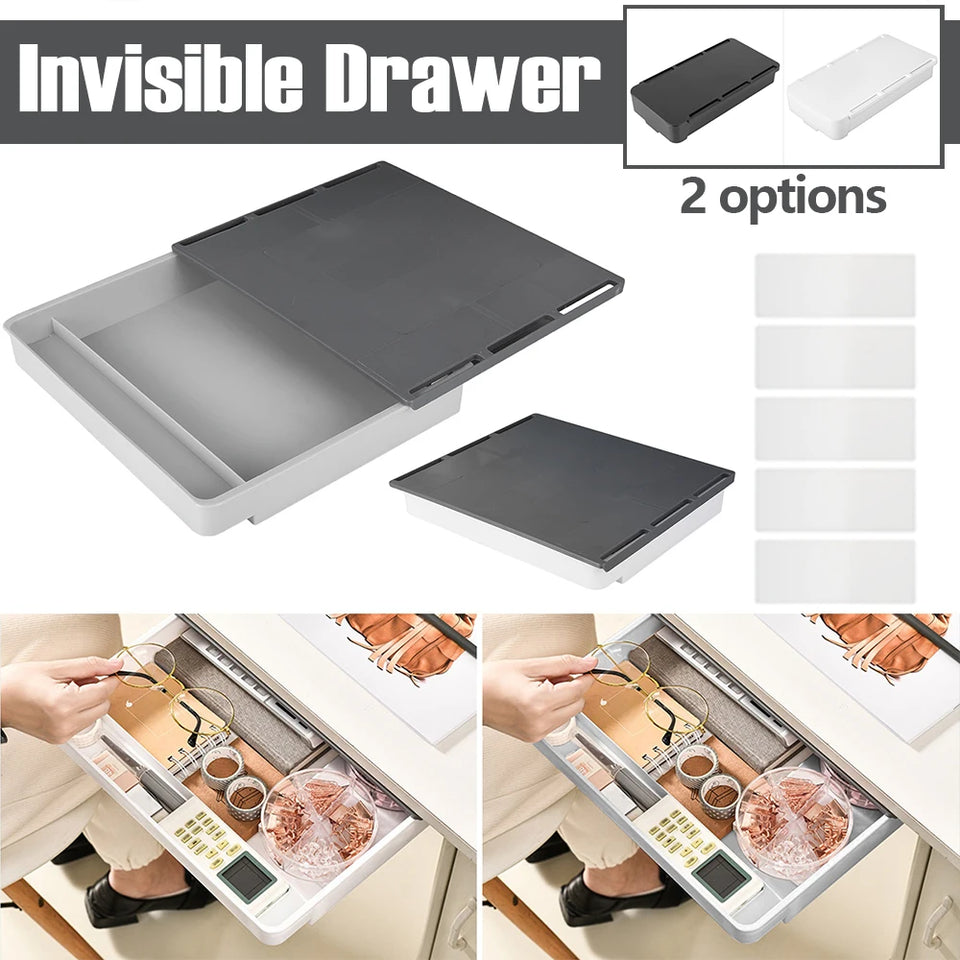 Under Desk Drawer Self-Adhesive Stationery Storage Box Multifunctional Hidden Under Desk Organizer for Home Kitchen Office Table