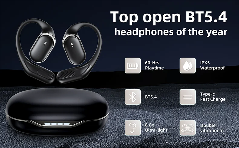 Open Ear Headphones Bluetooth 5.4 Wireless Earphones TWS 60 Hours Playtime Dual Mic Clear Call Sports Air Conduction Headphones