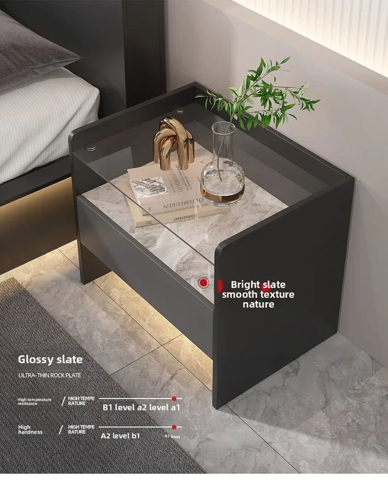 Modern Simple Bedroom Furniture Wooden Glass Bedside Table Storage Side Cabinet