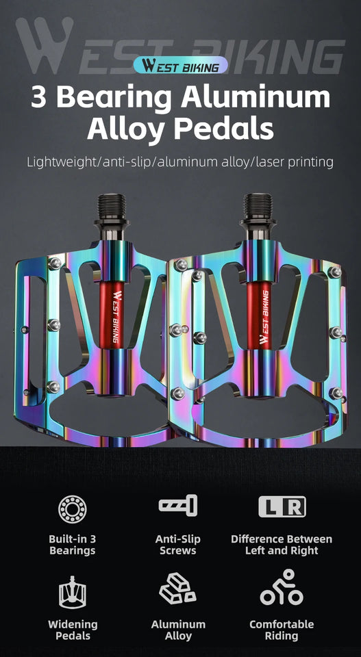 WEST BIKING Bicycle Pedal Three Bearing Aluminum Alloy Pedal Mountain Bike Road Bike Pedal Color Bike Accessories