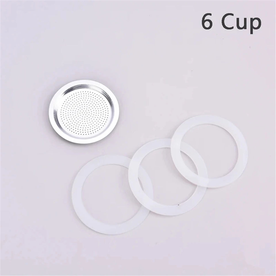 1 Set, 3pcs Silicone Gaskets and 1pc Aluminum Filter Moka Pot Coffee Bottle Replacement Compatible with 3/6/9/12 Cup Moka Expres