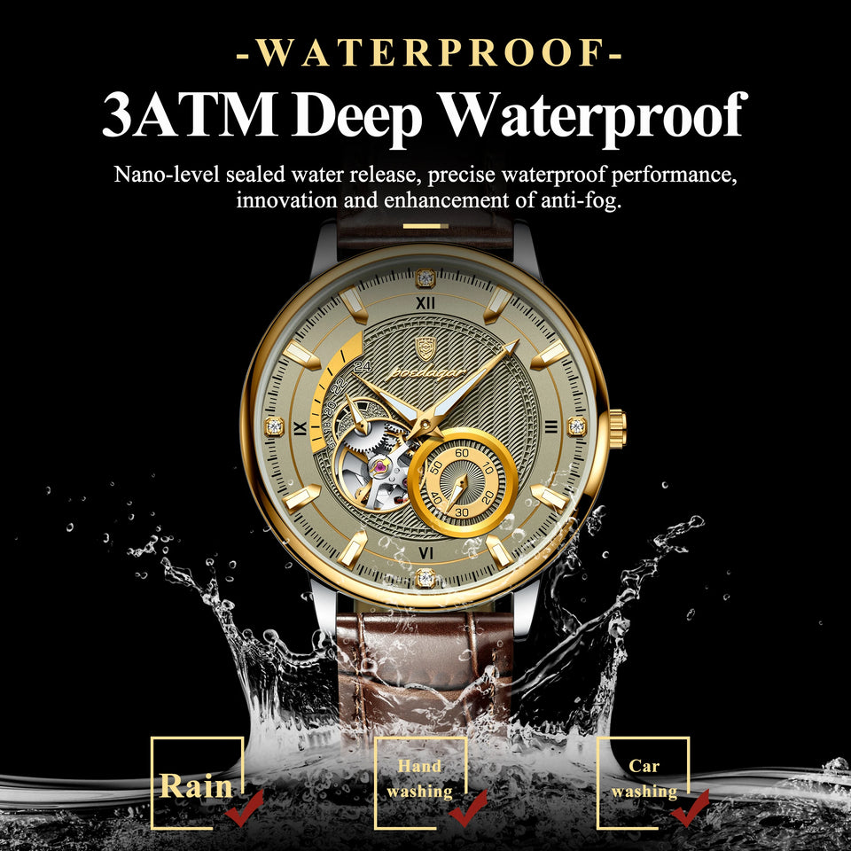 POEDAGAR Fashion Business Men Watch Waterproof Luminous Hollow Tourbillon Male Clock Automatic Mechanical Leather Men's Watches