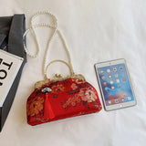 Chinese Style Embroidered Snap-button Shoulder Bags Cheongsam Traditional Exquisite Women's Handbag Red Bridal Pearl Wedding Bag