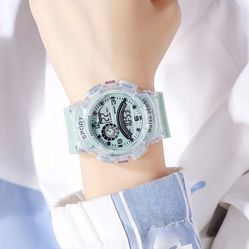 Electronic watch, translucent adolescent student multi-functional sports electronic watch