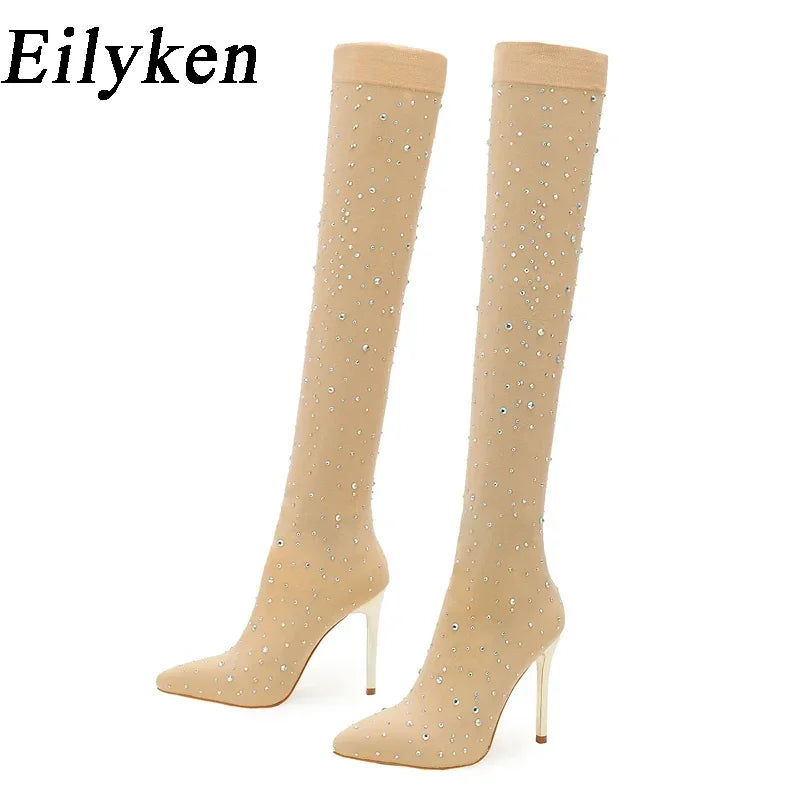 Eilyken Sexy Runway Crystal Stretch Fabric Sock Over the Knee Boot Thigh Stiletto High Pointed Toe Woman Shoes Zapatillas Mujer