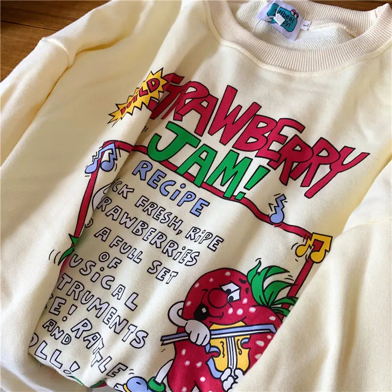 Harajuku Retro Top Strawberry Print Sweatshirt  Women Loose Streetwear Sweatshirts American  Oversized Pullovers