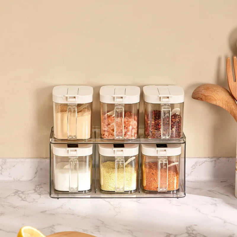 Condiments Container Seasoning Jars, Kitchen Spicy Jars with Lids and Spoons, Tea Coffee Sugar Canisters Glass Spice Box