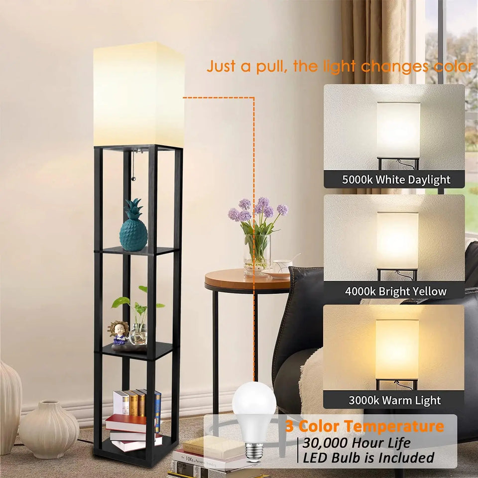 Floor Lamp with Shelves Modern Standing Shelf Lamp with 3 Color Temperature LED Bulb White Shade for Living Room Bedroom Office