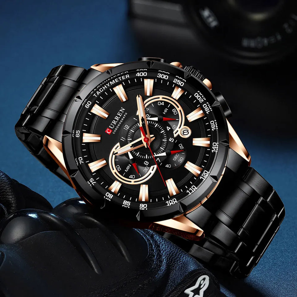 CURREN 8363 Casual Sport Chronograph Men's Watches Stainless Steel Band Wristwatch Big Dial Quartz Clock with Luminous Pointers