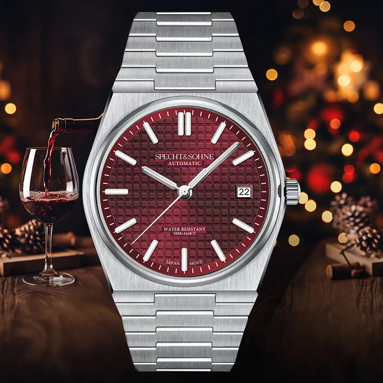 New Specht&Sohne Wine Red Men's Mechanical Wristwatch Miyota Automatic Watches Sapphire Crystal 37MM Stainless Steel Waterproof