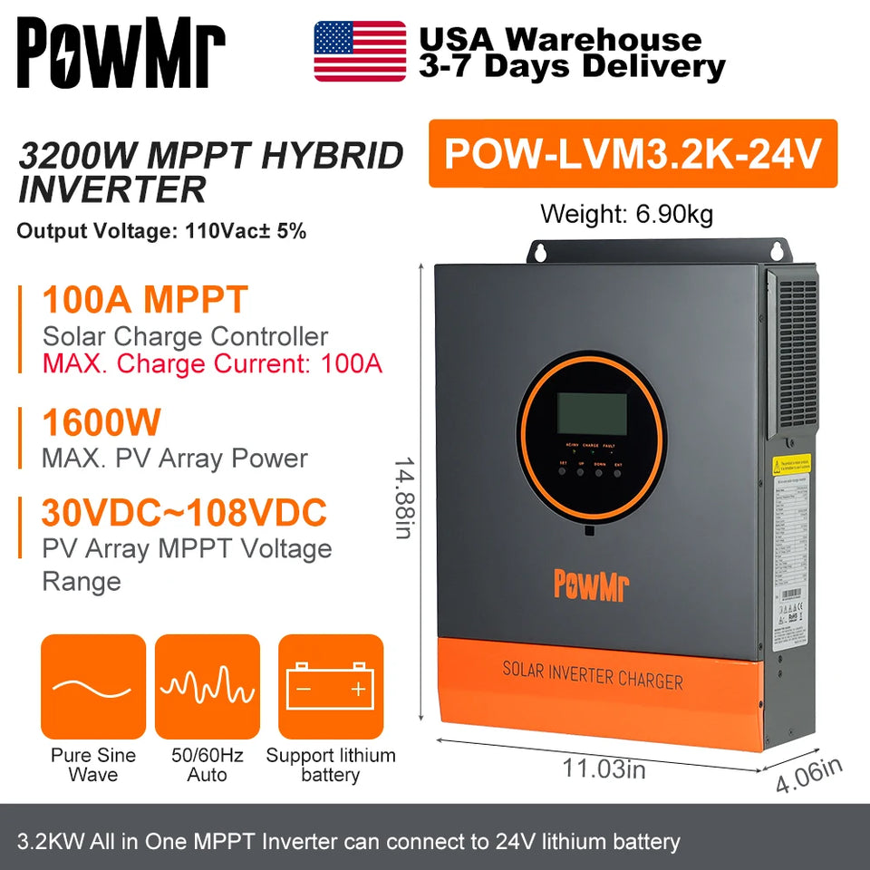 PowMr 3KW Hybrid Solar Inverters 24V to 110/120VAC Output With MPPT 80A Solar Charge Controller PV 120-450V Support WIFI Module