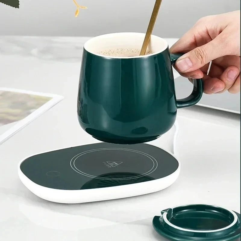 A1 55℃ Smart Heated Coffee Mug Set with Warmer Pad, Auto Keep Warm, Cute Design, Perfect Gift for Office Workers, All-Season Use