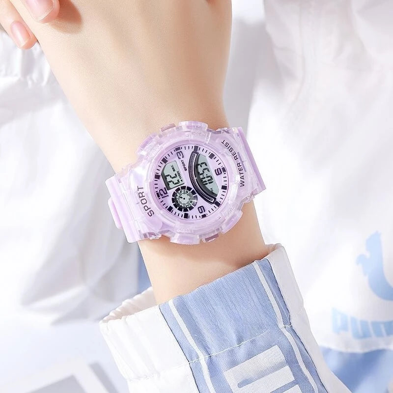 Electronic watch, translucent adolescent student multi-functional sports electronic watch