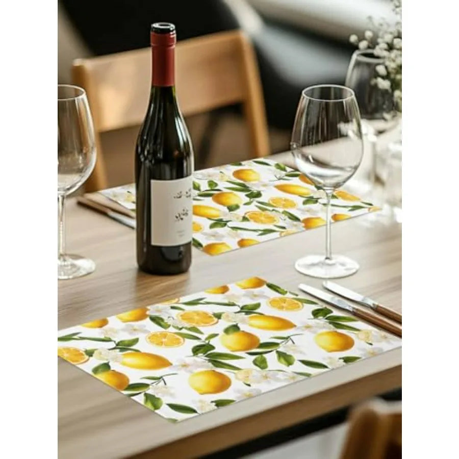Table Placemats Set of 4 Country Watercolor Lemon Leaf Wipeable Place Mats for Dining Tables Summer White Wildflower Washable T