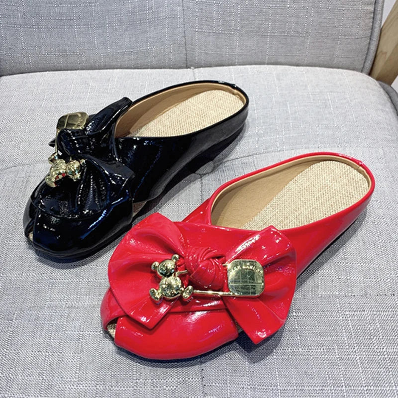 Women Slippers Gold Chain Bear Half Slippers Female Flats Sandals Brand Mullers Plus Size Summer Women Shoes Fashion Bow Slipper