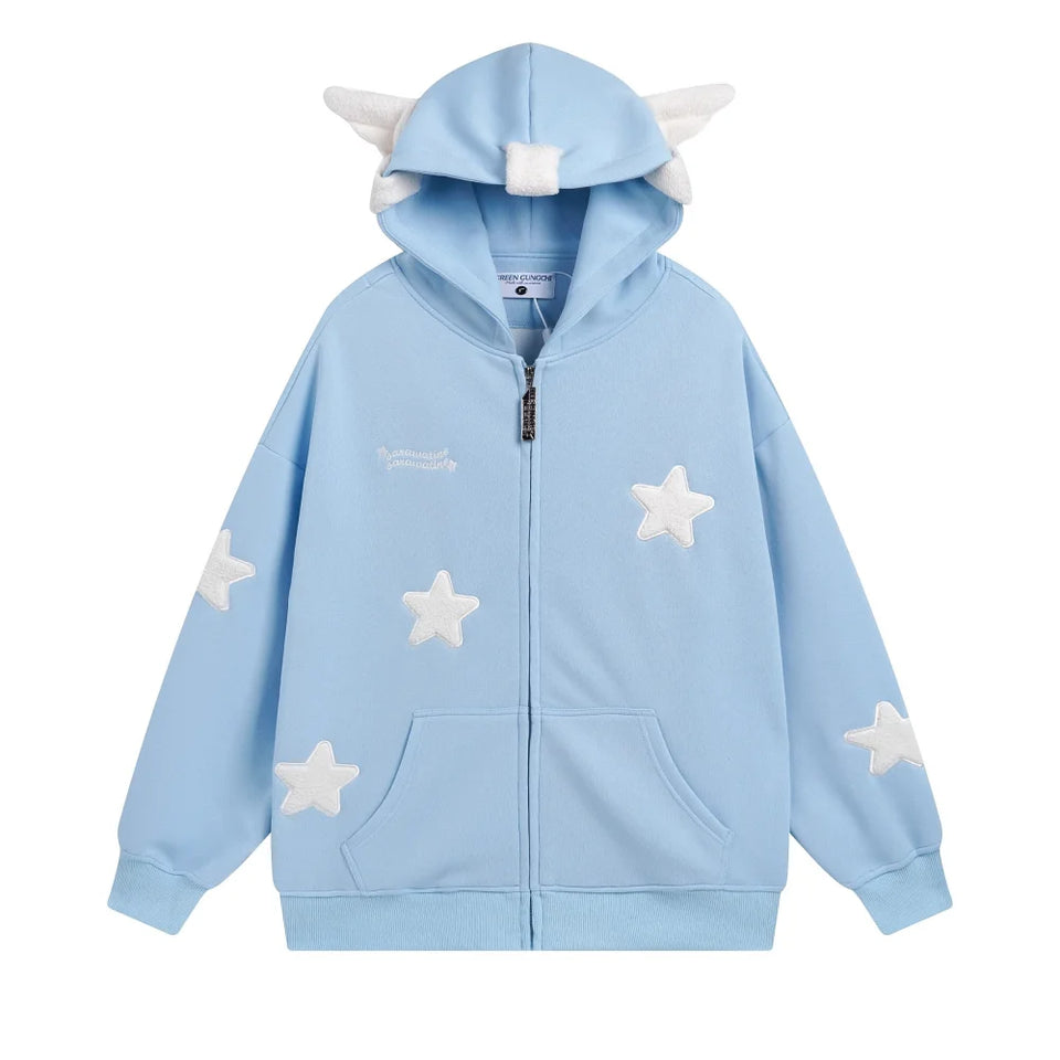 Japanese Kawaii Wing Hooded Loose Sweatshirt Women Autumn Long Sleeves Zipper Star Cardigan Oversized Coat Y2K Sweet Cute